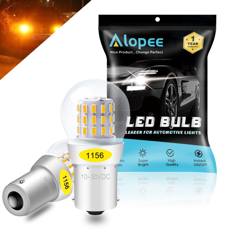 Alopee 1156 LED Bulb Amber 10-30V DC 1156 Bulb Replacement for 1141 1003 7506 P21W Blinker Light, Turn Signal Bulb 3014 Chips, Non Polarity, Pack of 2 - Image 1